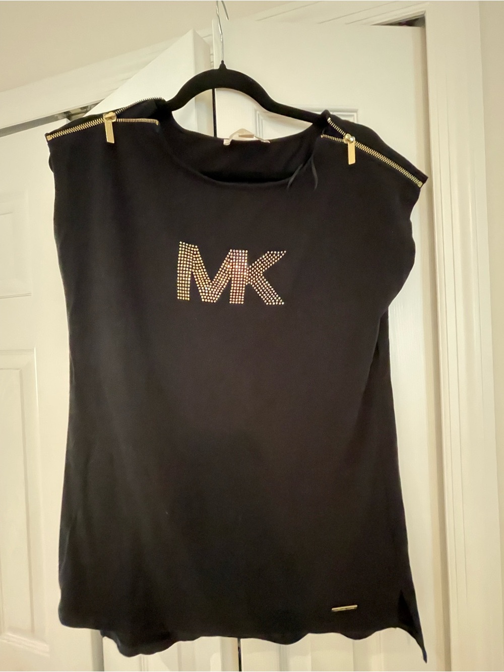 Michael Kors Black Tank with Gold Studded MK and Shoulder Zips
